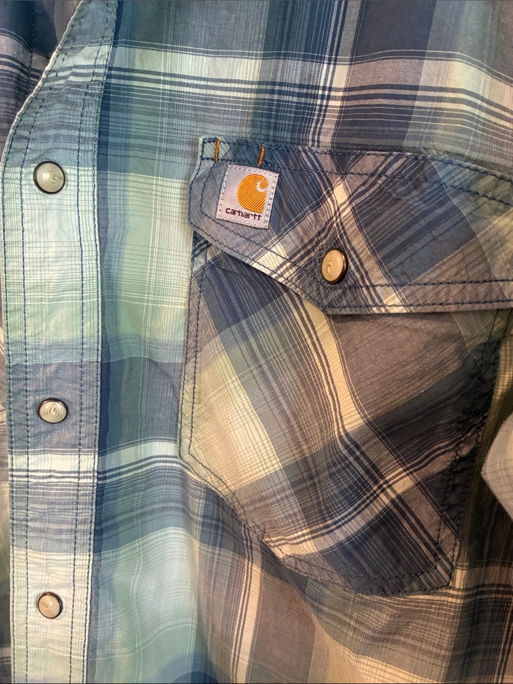 Carhartt Size Large Blue & Green Plaid Button-Down Work Shirt - Picture 2 of 9